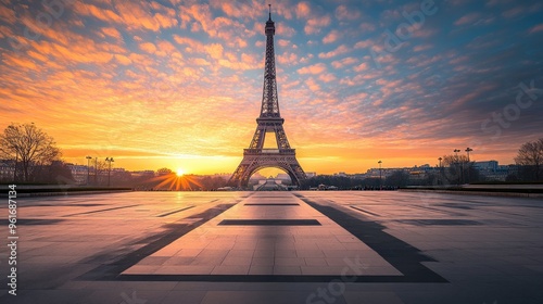 Fototapeta Naklejka Na Ścianę i Meble -  Empty Eiffel Tower with an open plaza in the foreground, capturing the landmark against a serene sky