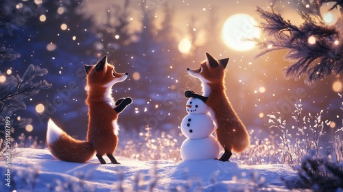 Playful cartoon fox building a snowman in a moonlit winter wonderland, with snowflakes sparkling and a gentle glow from the moon casting long shadows