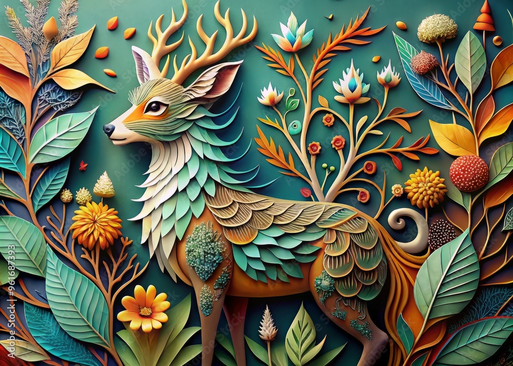 Obraz premium Fantastical animal illustrations with intricate paper cutouts, whimsical mood, mix of realistic and fantastical animal details, and concept of fantasy and storytelling.