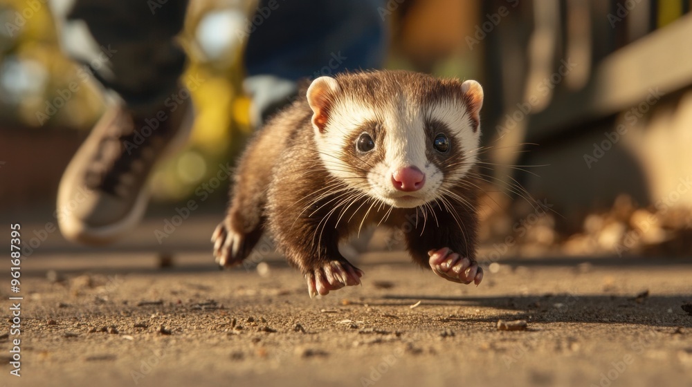 Fototapeta premium Curious Weasel Leaping Across Forest Floor