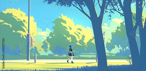 A minimalist drawing of an anime character strolling through a simplified park setting. photo