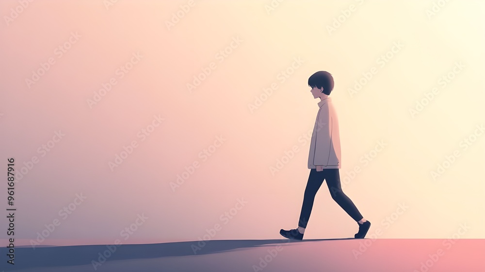 An anime character walks calmly, depicted with smooth, minimal lines and a simple, monochromatic outfit. An anime character walks calmly, depicted with smooth, minimal lines and a simple, monochromatic outfit.