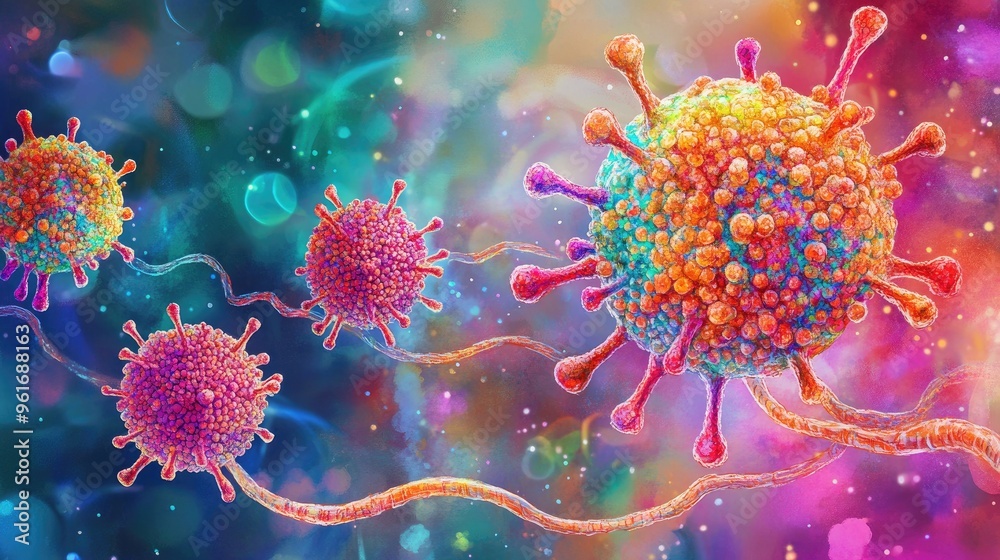 Vibrant Artistic Representation of Viruses and Microbial Life in Colorful Abstract Form Vibrant Artistic Representation of Viruses and Microbial Life in Colorful Abstract Form