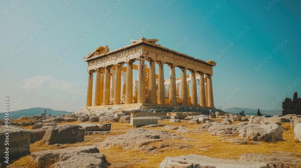 Fototapeta premium Empty Parthenon with an open field and clear skies, showcasing the ancient Greek temple in its historic setting