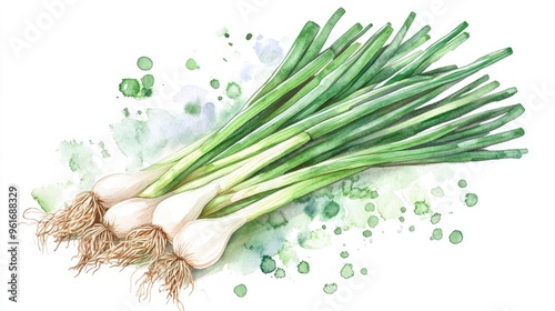 Fototapeta Naklejka Na Ścianę i Meble -  Vibrant Watercolor Illustration of Fresh Green Onions for Culinary Inspiration