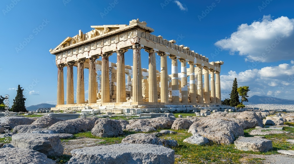 Fototapeta premium Empty Parthenon with an open field and clear skies, showcasing the ancient Greek temple in its historic setting
