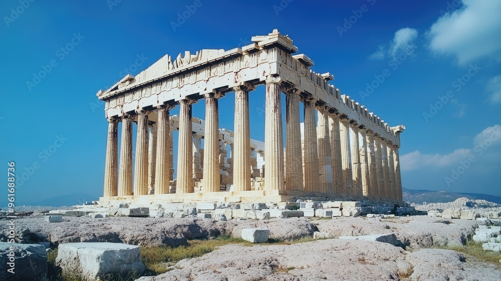 Empty Parthenon with an open field and clear skies, showcasing the ancient Greek temple in its historic setting Empty Parthenon with an open field and clear skies, showcasing the ancient Greek temple in its historic setting