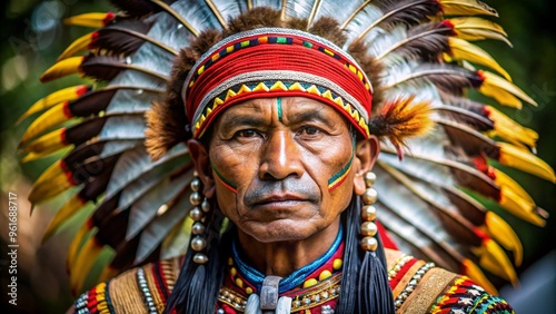 Portrait photo of indigenous man wearing native clothe. 