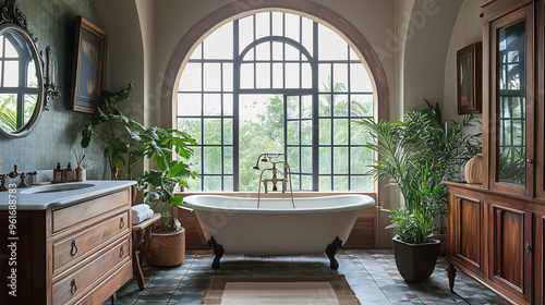 A bathroom styled with vintage charm, displaying a cast iron bathtub, antique wooden vanity, and a large, arched window letting in natural light