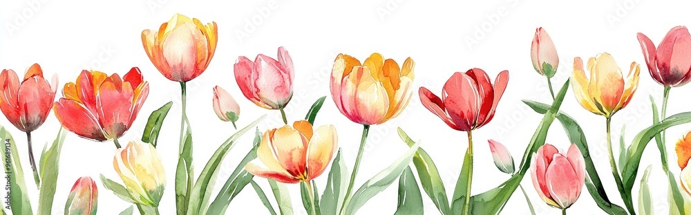 Naklejka premium Vibrant Watercolor Tulips: A Captivating Floral Illustration for Nature Enthusiasts