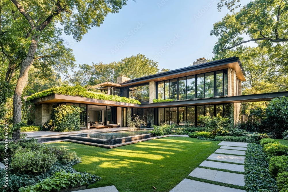 a Spacious contemporary house with lush greenery surrounding it , ai a Spacious contemporary house with lush greenery surrounding it , ai