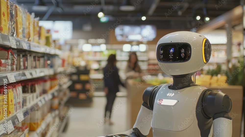 Helpful Robot Assistant Guiding Customers in Grocery Store Aisle Helpful Robot Assistant Guiding Customers in Grocery Store Aisle