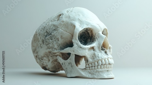 Ultra-realistic skull in 3D, showing fine bone texture and detail, with subtle lighting, placed on an off-white backdrop photo