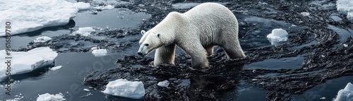 A polar bear on a melting ice floe surrounded by black oil in the Arctic Ocean, symbolizing the impact of oil pollution on polar regions photo