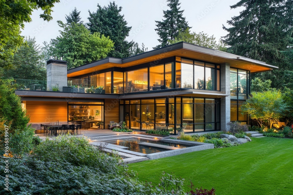 Naklejka premium a Spacious contemporary house with lush greenery surrounding it , ai