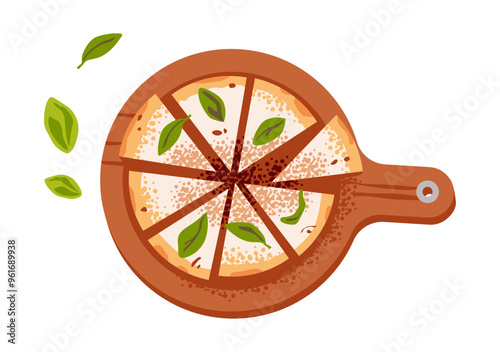 Vegetarian pizza with herbs and cheese, top view. Flat illustration isolated on white background