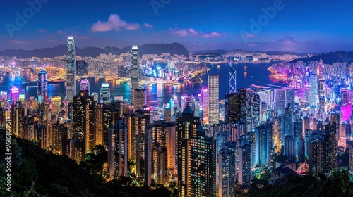 Hong Kong Skyline Night View with Vibrant Lights and Skyscrapers