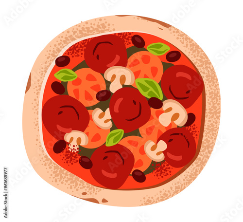 Pepperoni pizza with mushrooms and sausage, top view. Flat illustration isolated on white background