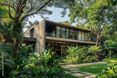 a Spacious contemporary house with lush greenery surrounding it , ai