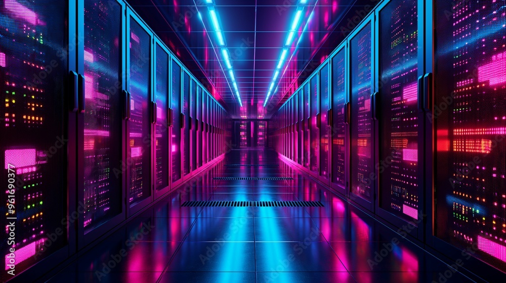 Modern data center illuminated with vibrant lights at night Modern data center illuminated with vibrant lights at night
