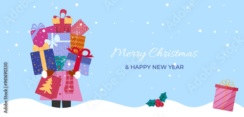 Merry Christmas and happy new year banner with a woman holding a pile of presents in gift boxes. Creative banner, flyer, poster or landing page for web or blog post.