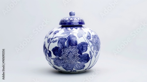 Blue and white porcelain jar with floral design.