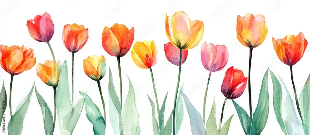 Fototapeta premium Vibrant Watercolor Tulips: A Stunning Floral Artwork for Spring Decor