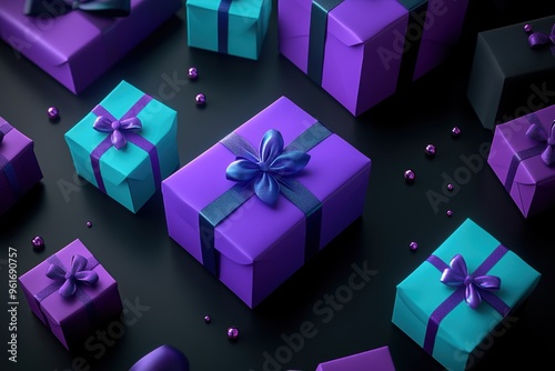 Vibrant Purple and Teal Gift Boxes with Elegant Ribbons photo