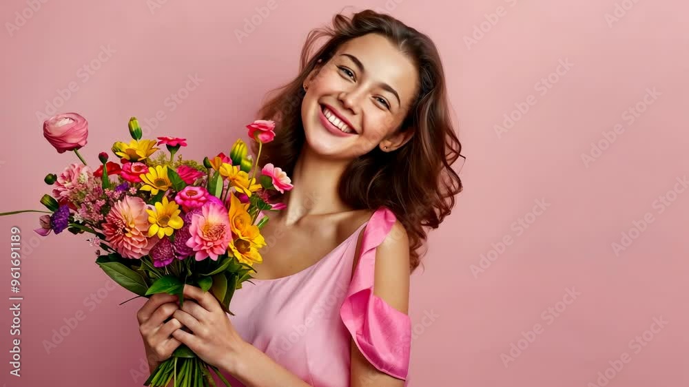 Young woman happily holding a vibrant flower bouquet against a soft pink background Young woman happily holding a vibrant flower bouquet against a soft pink background