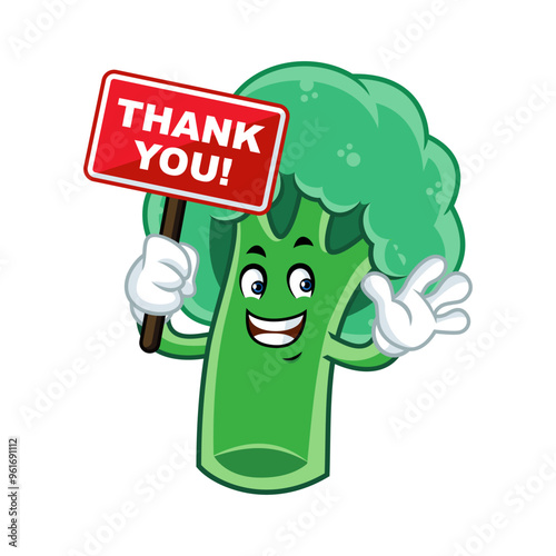 Cute broccoli cartoon mascot character holding a thank you sign.
