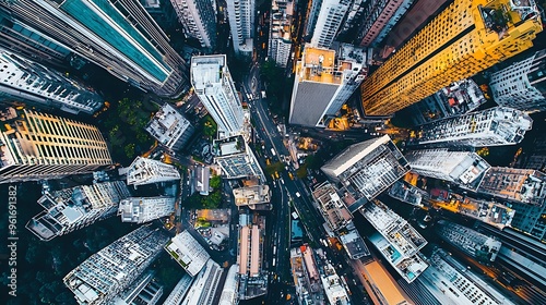 An aerial view of a dense cityscape filled with skyscrapers, buildings, and busy streets, illustrating the urban jungle.