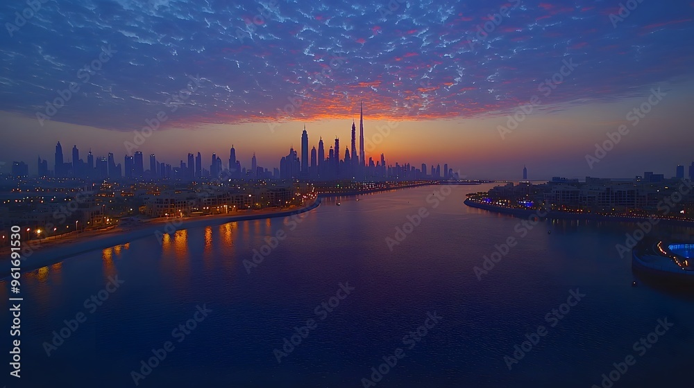Fototapeta premium Stunning skyline of a city at sunset with vibrant clouds and reflections on the water.