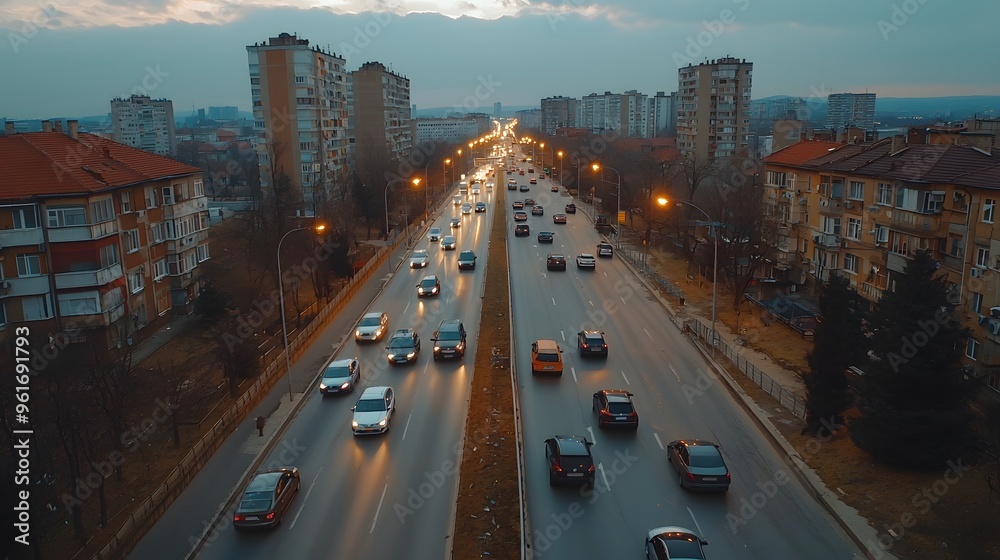 Naklejka premium Aerial view of a bustling city street at twilight with cars and soft streetlights.