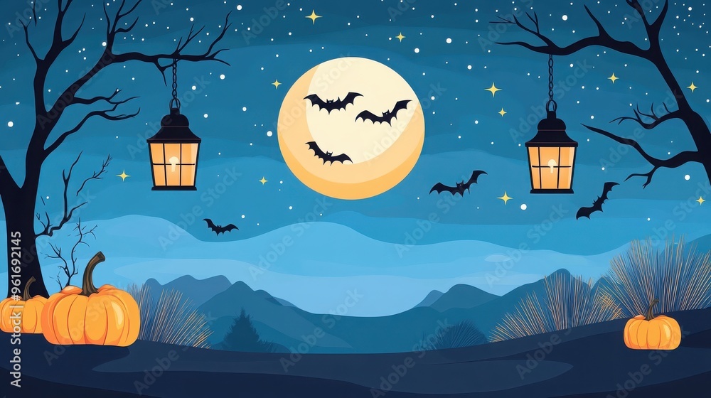 Fototapeta premium Spooky Halloween night scene with full moon, bats, pumpkins, lanterns, and barren trees against a starry sky.