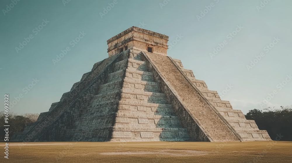 Lonely Chichen Itza with an empty foreground and clear sky, highlighting the ancient Mayan pyramid in its natural setting