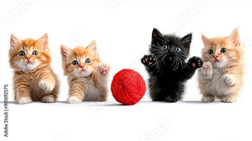 Watercolor illustration of a playful group of kittens chasing a ball of yarn