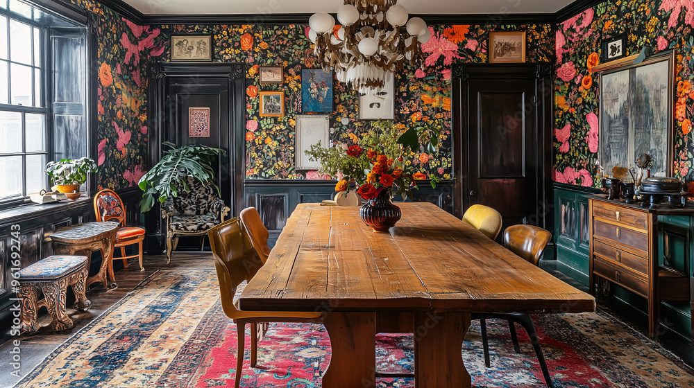 A dining room designed in a maximalist style, with a large wooden table, mismatched chairs, vibrant wallpaper, and an eclectic chandelier A dining room designed in a maximalist style, with a large wooden table, mismatched chairs, vibrant wallpaper, and an eclectic chandelier