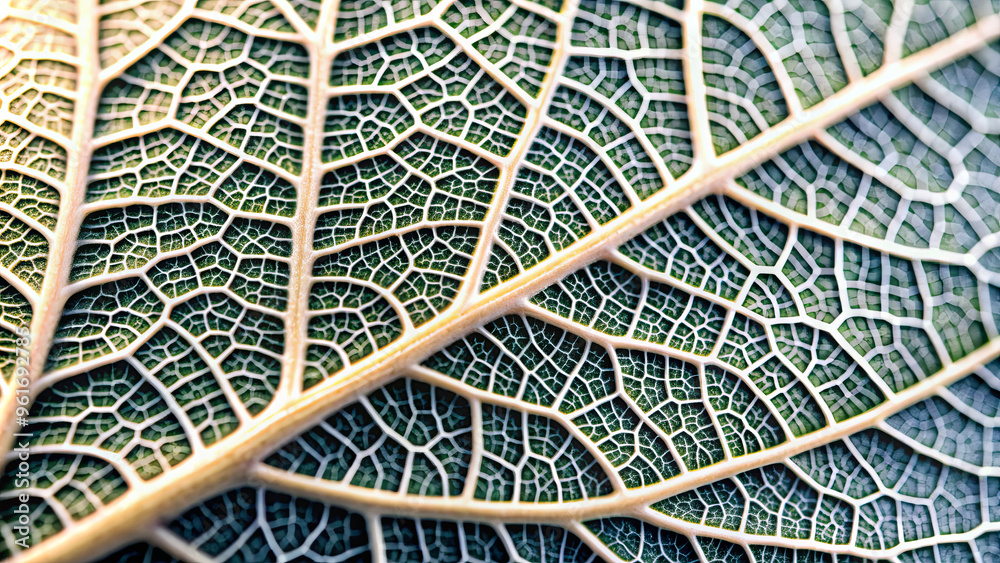 Obraz premium Close-up view of vividly textured green leaves, highlighting their delicate veins and intricate patterns under bright daylight, revealing the beauty of nature