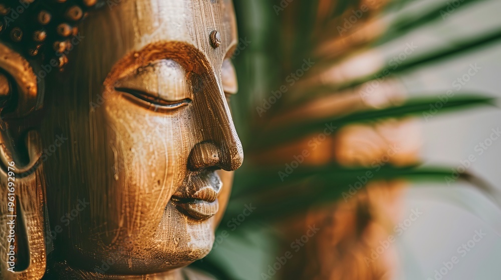 Close-up of serene Buddha statue with intricate carvings. Close-up of serene Buddha statue with intricate carvings.