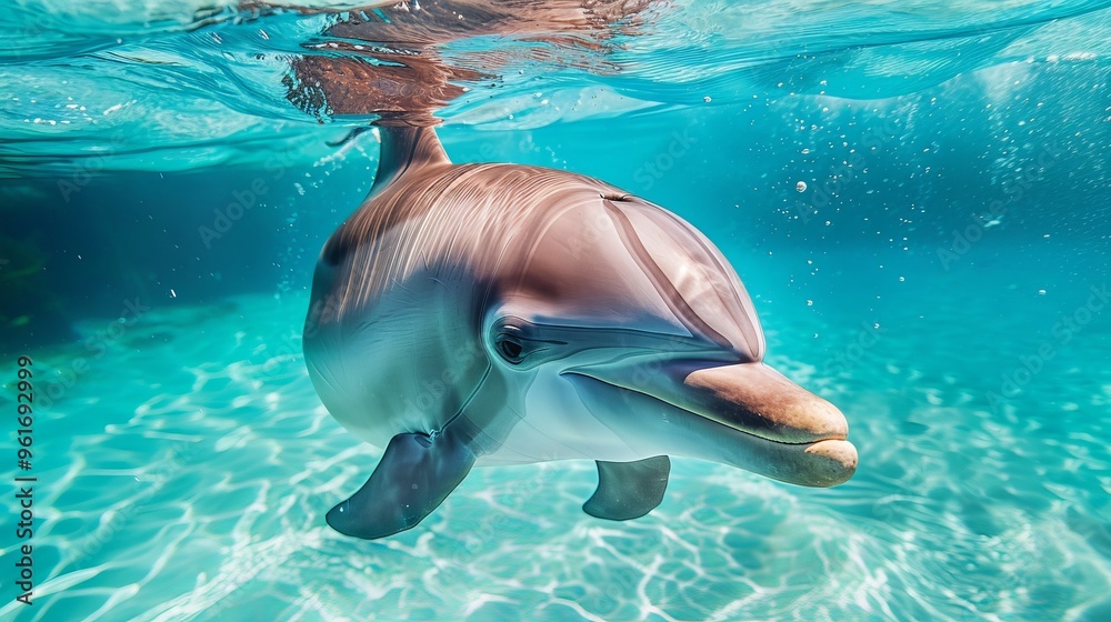 Fototapeta premium Dolphin swimming underwater with sunlight filtering through.