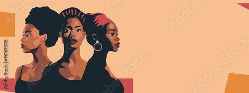  Women beautiful African American, standing together.  Vector illustration on the theme of international women's day, feminism, protection. Movements for gender equality and women's empowerment.
