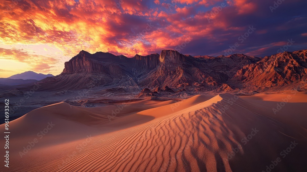 Naklejka premium A serene evening in a desert mountain range, where the sand dunes meet rocky cliffs under a bloodred sunset