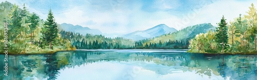 Serene Waterscape: A Tranquil Reflection of Nature's Beauty in Watercolor photo