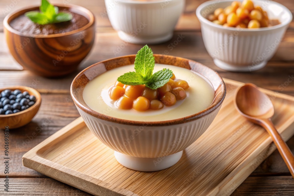 Creamy soy pudding, subtly sweet, served in a bowl with optional toppings for customization. Creamy soy pudding, subtly sweet, served in a bowl with optional toppings for customization.