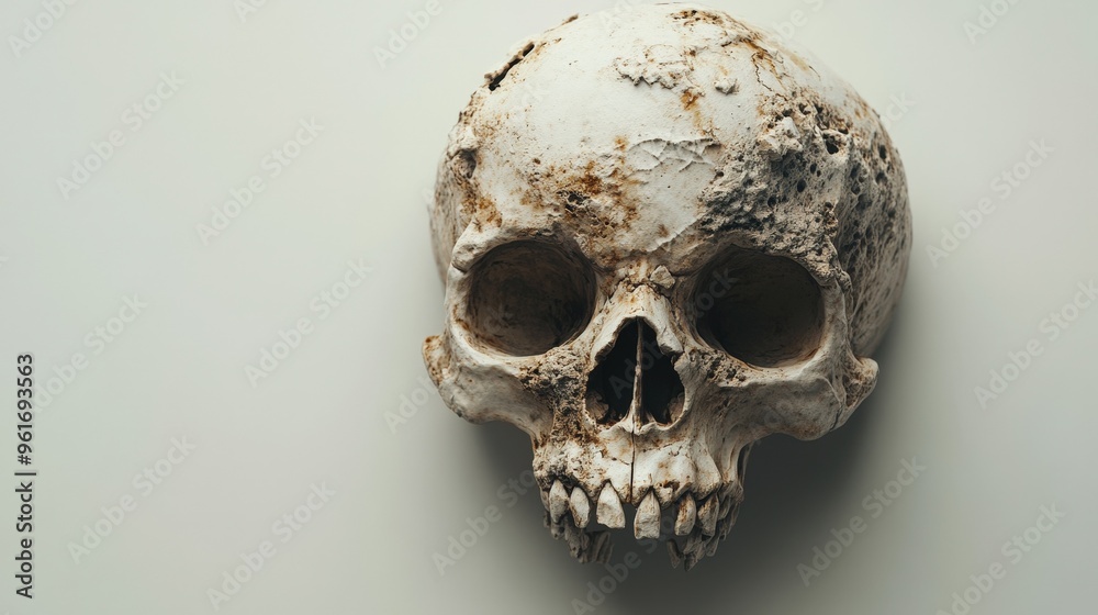Realism in 3D with a skull render, focusing on bone texture and decay, placed on a muted cream backdrop Realism in 3D with a skull render, focusing on bone texture and decay, placed on a muted cream backdrop