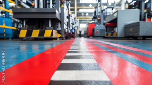 Industrial floor with safety lines, machinery, factory interior, production hall.