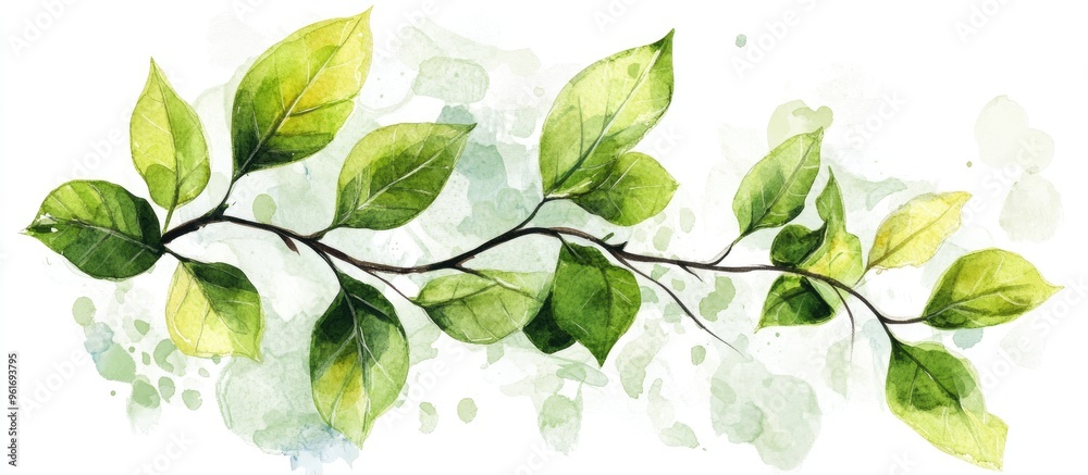 Elegant Watercolor Illustration of Green Leaves on a Branch for Nature-Inspired Decor