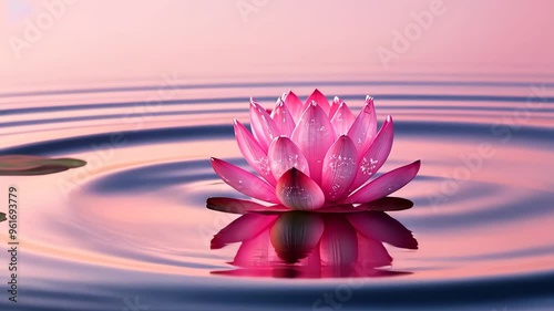 Pink lotus flower on calm water at sunset, peaceful nature scene. Serenity and tranquility concept