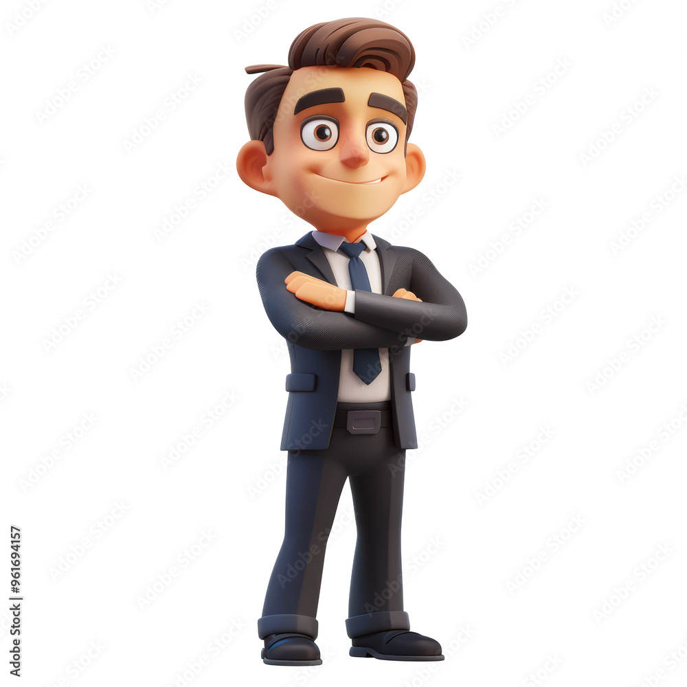 3D Cartoon Businessman Standing With Arms Crossed Isolated on Transparent or White Background, PNG 3D Cartoon Businessman Standing With Arms Crossed Isolated on Transparent or White Background, PNG