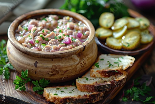 Rillettes A rustic jar of pork rillettes with a side of cornichons and slices of baguette. Served on a wooden board. photo